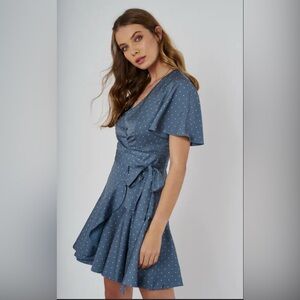 Finders Keepers Slate Blue Gray Polka Dot Wrap Dress Flutter Sleeves Ruffle Hem